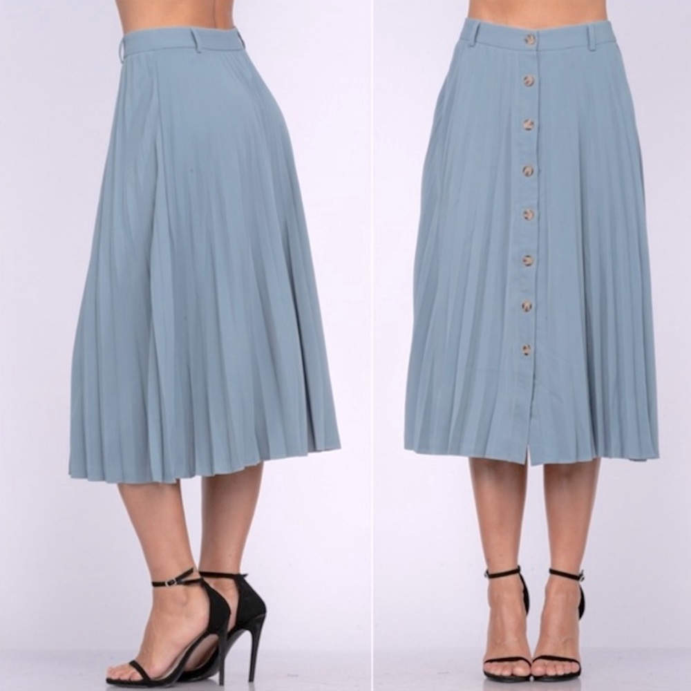 Slate blue women pleated button front midi skirt